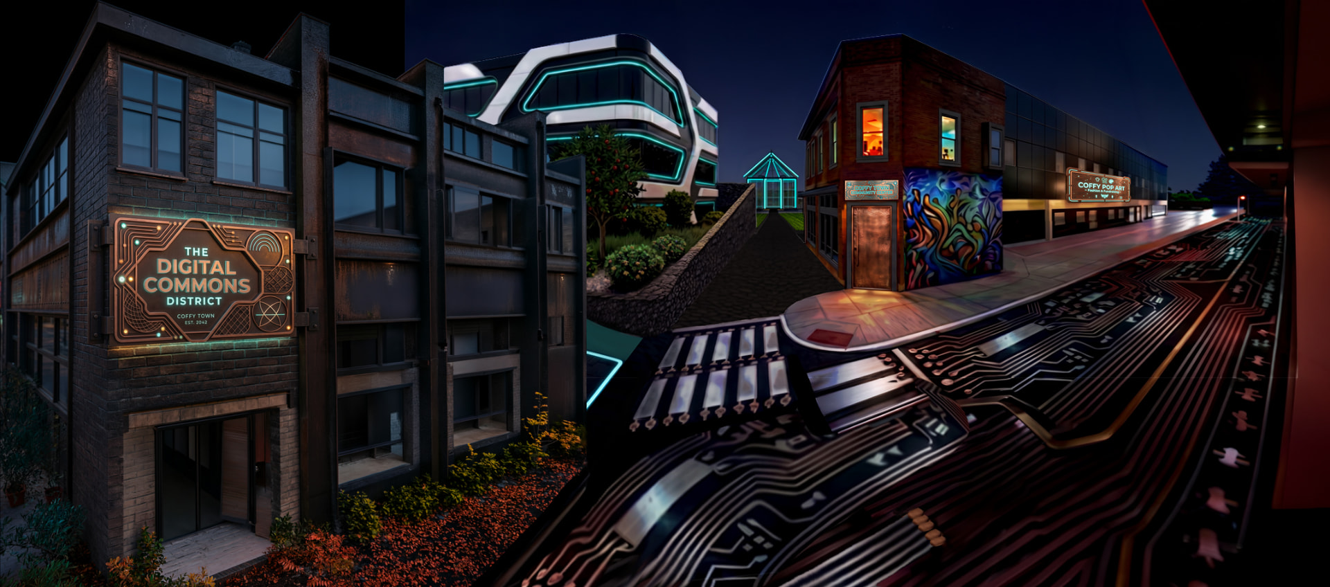 Night view of the Creative Commons District: the blue, black, and white Coffy Town Press Complex and the Bed & Breakfast bearing the Creative Commons sign on the left, a small driveway leading left out of frame toward the train station, teal-lit Garden Center greenhouses, and the Coffy Pop Art storefront along Community Way.